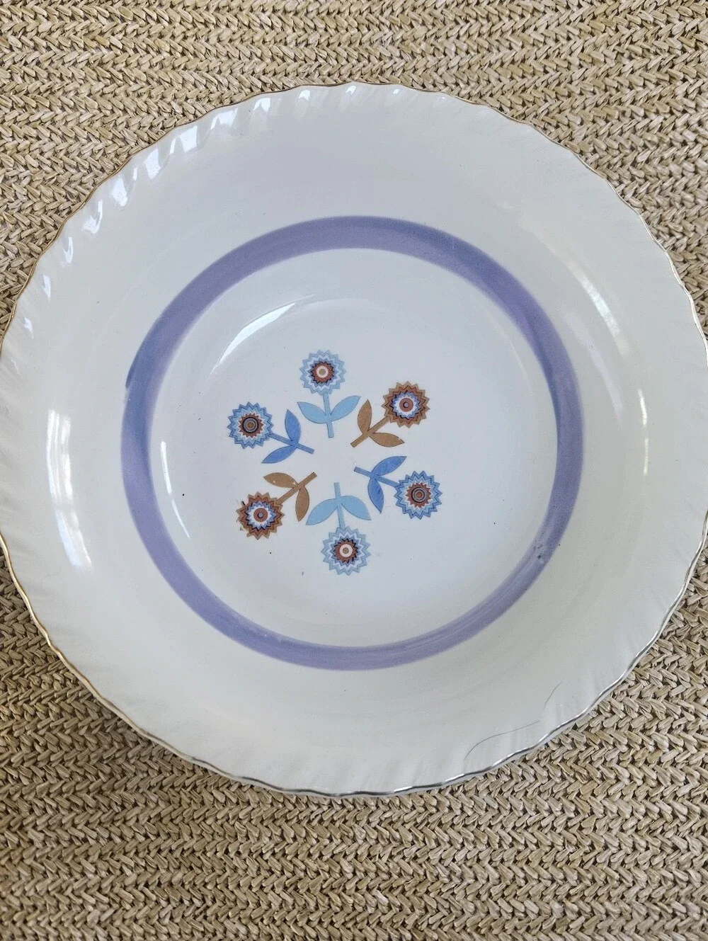 White Ceramic Serving Platter with Lavender Rim and Floral Motif